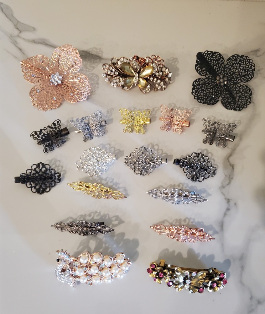 Vintage-Style Rhinestone Filigree Hair Clip Barrettes Lot 18 pc Rose Gold Silver