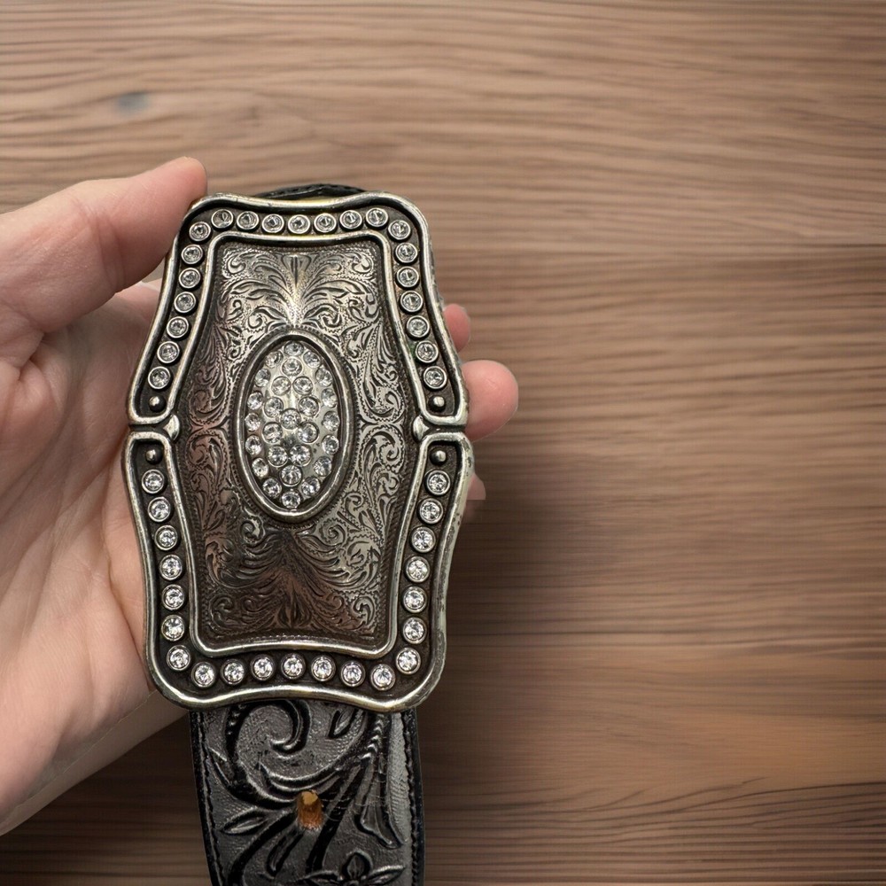 Justin Western Silver Brocade C20363 Tooled Leather Belt & Jeweled Buckle 38