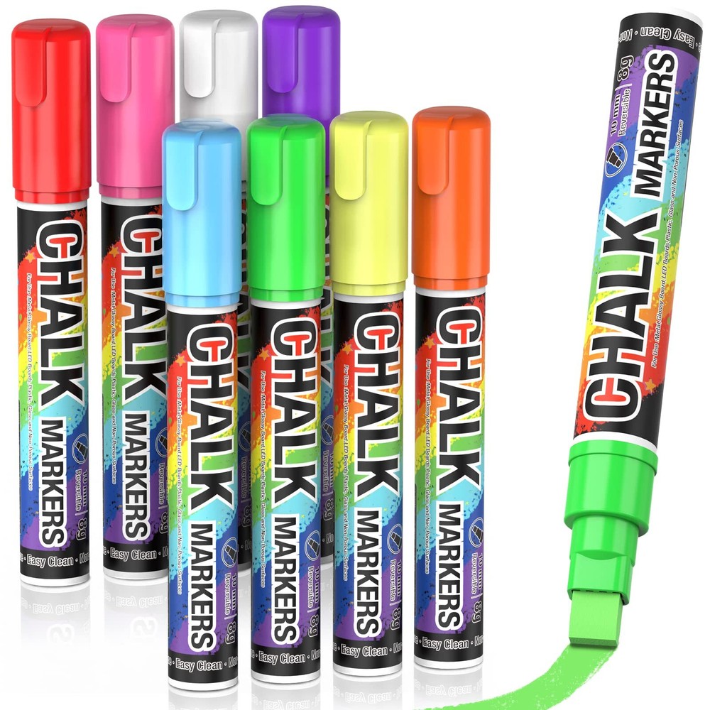 Jumbo Chalk Window Markers for Cars Glass Washable - 8 Colors Liquid Chalk Ma...