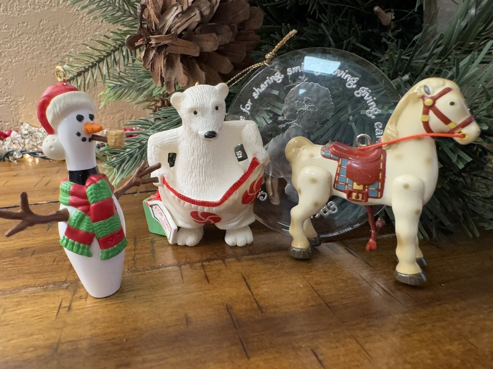 Lot of 4 Hallmark Christmas Ornaments Polar Bear Metal Hobby Horse Bowling Pin +