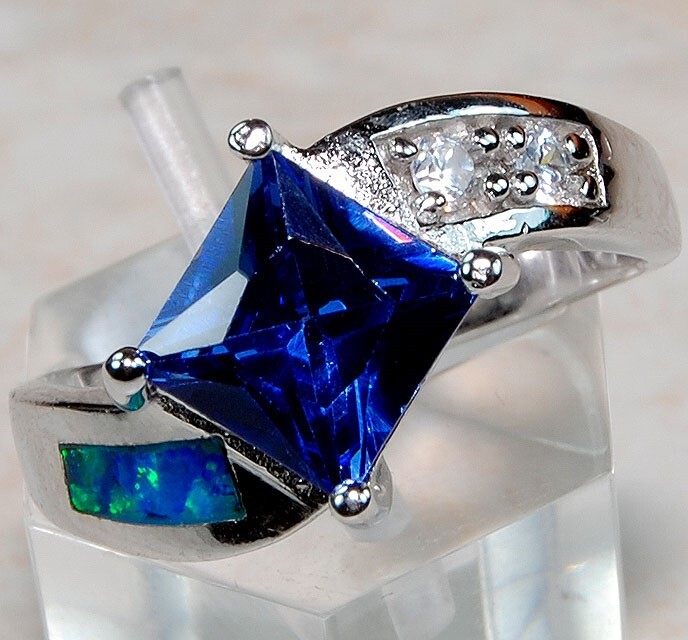 1CT Sapphire & Opal Inlay Sterling Silver Ring Size 9 BA4 Jewelry