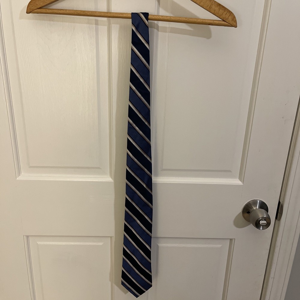 Michael Kors Necktie  Mens Black Blue Gold Striped Pattern Silk 3 Inch