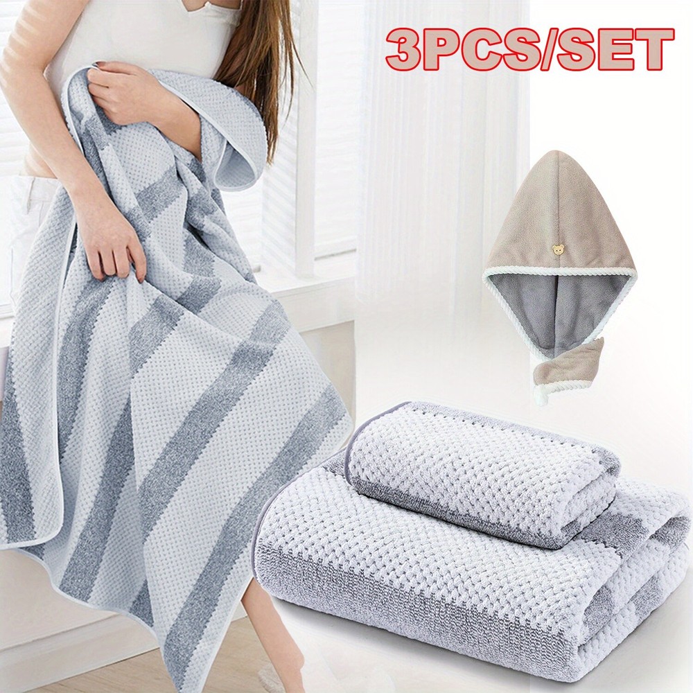 3pcs Ultra Absorbent Bath Towel Set - Washcloths Towels & Hair Drying Cap US