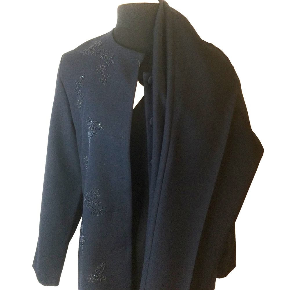 Alfred Dunner Vintage Women Suit Jacket S 10 Pants  S 12 Navy Blue Beaded READ