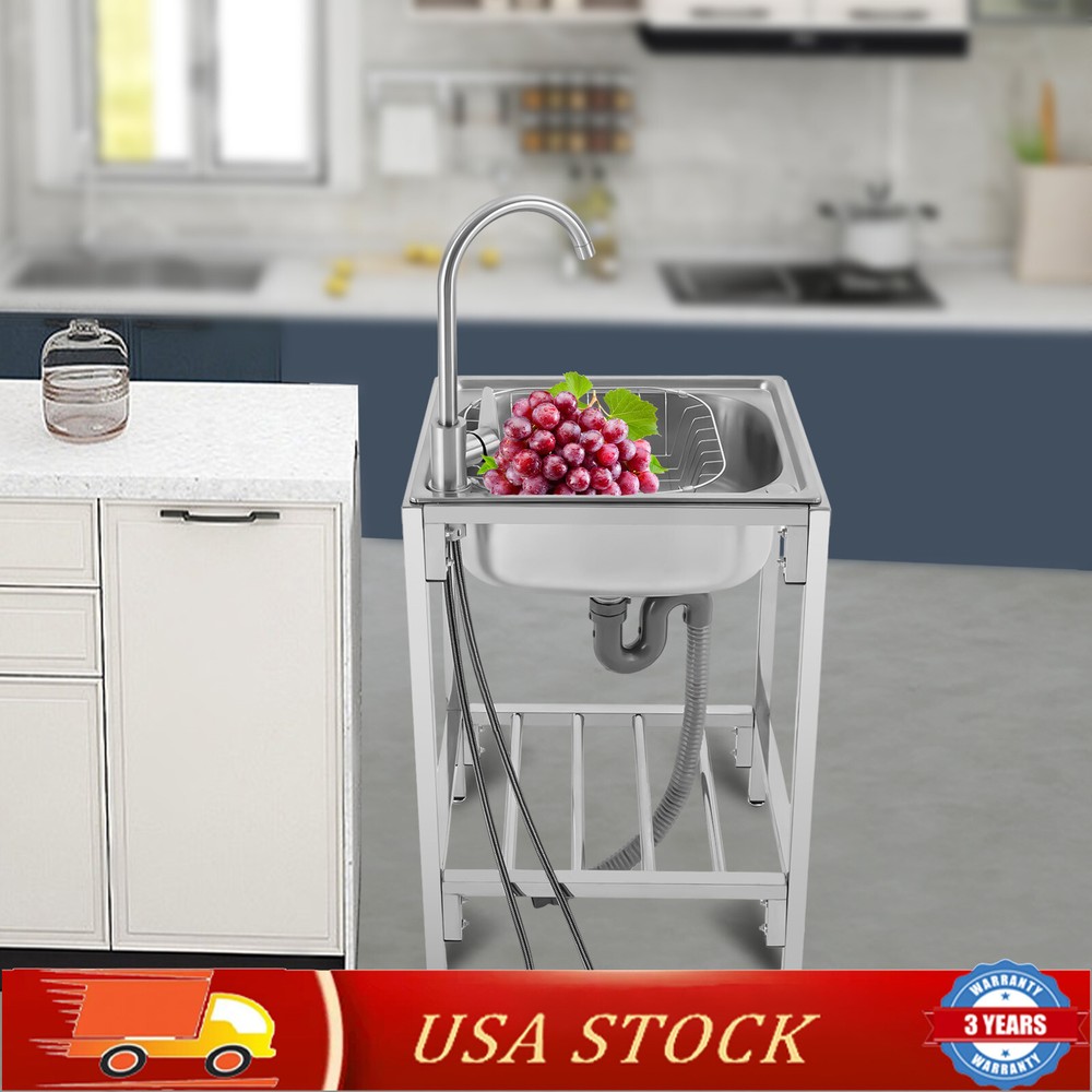 Stainless Steel Single Basin Kitchen Sink Simple Laundry Sink +Faucet & Stand