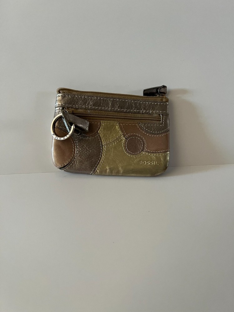 Fossil Womens Metallic Leather Coin Purse ID Holder Small Wallet Key Chain Bag