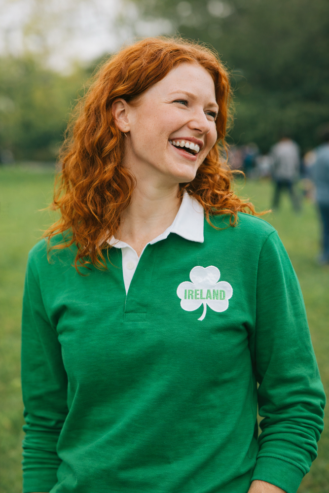 Ireland Rugby Shirt Womens Unisex Green Rugby Top Embroidered Shamrock