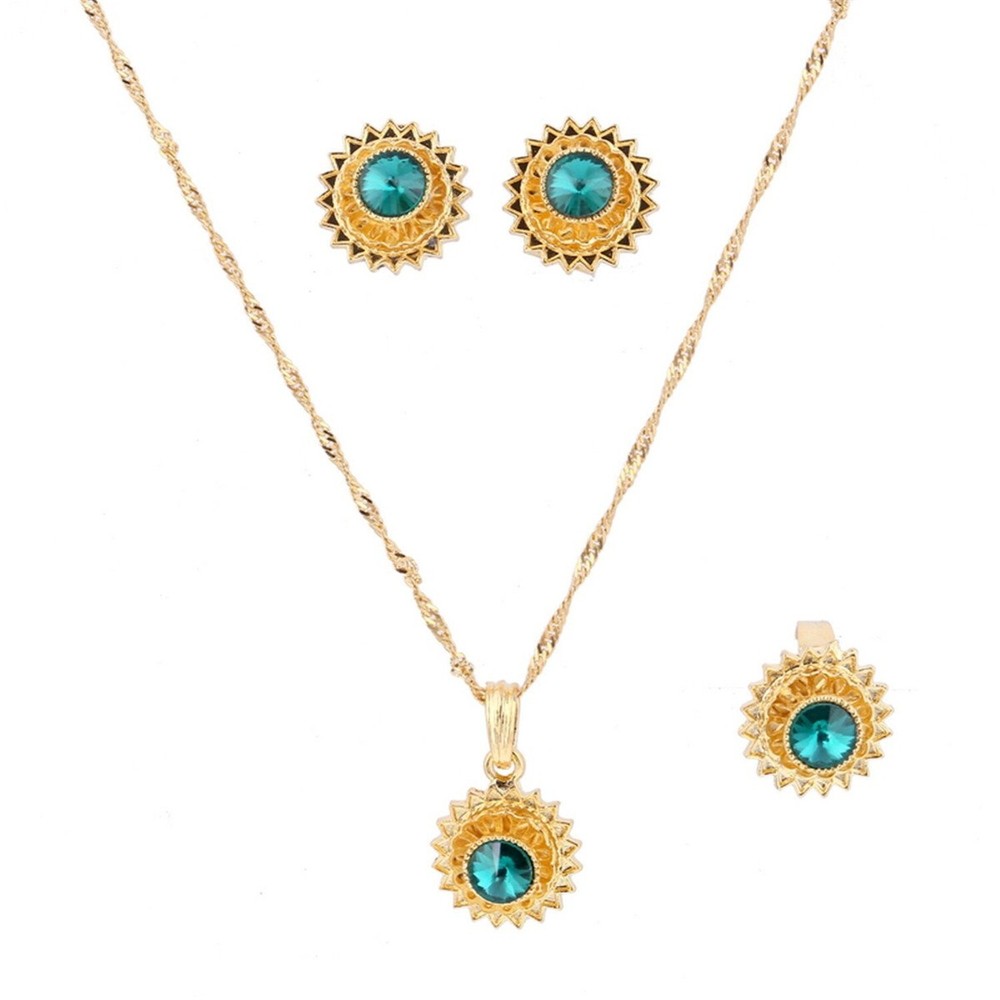 Flower Jewelry Set Ethiopian Gold Jewelry Sets Earrings Pendant Ring with Sto...