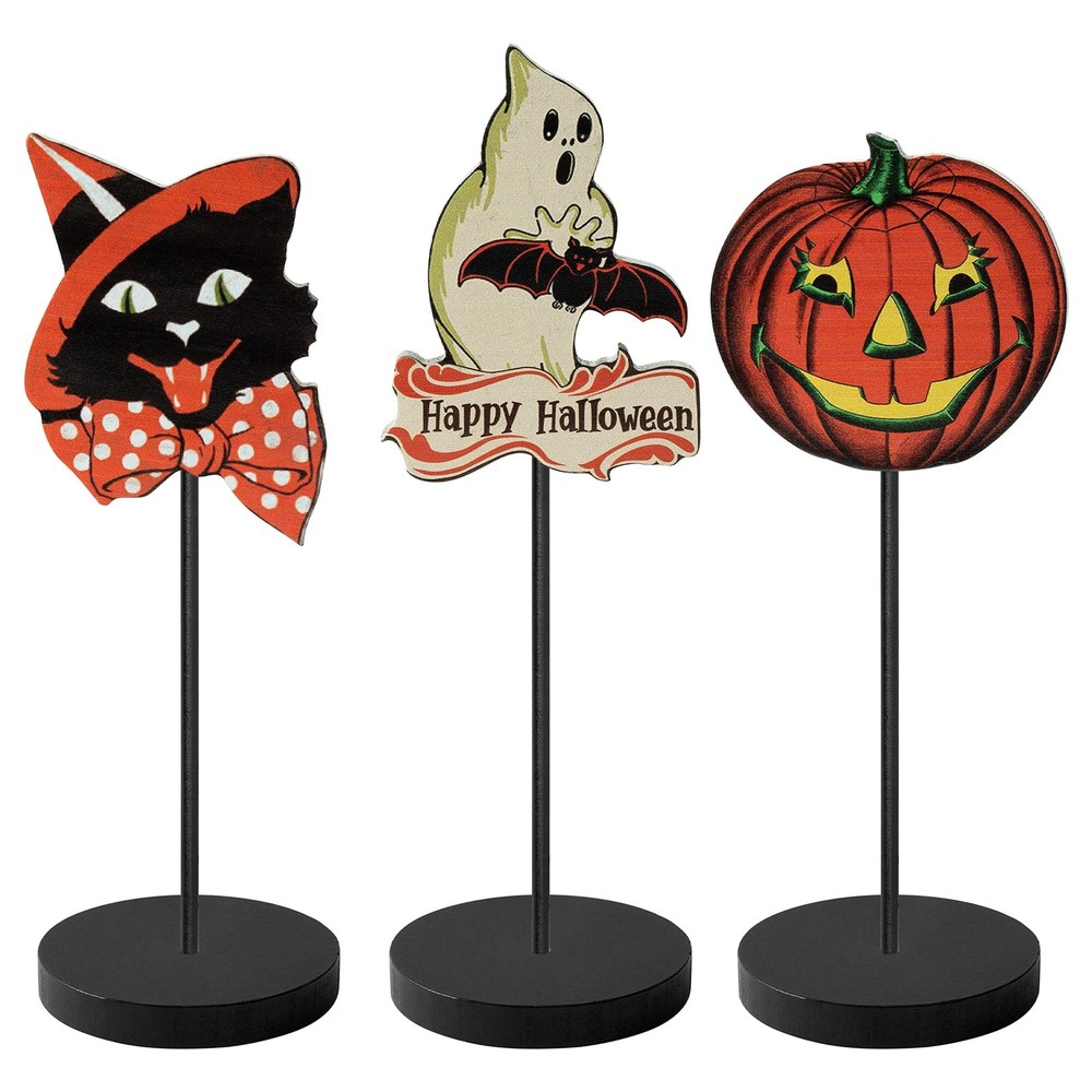 L1rabe 3Pcs Vintage Wooden Halloween Signs - Black Cat, Ghost, Pumpkin Decor...