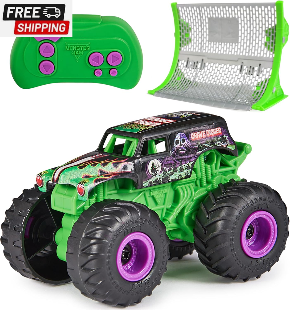Official Grave Digger Remote Control Monster Truck with Ramp, Small 1:64 Scale R