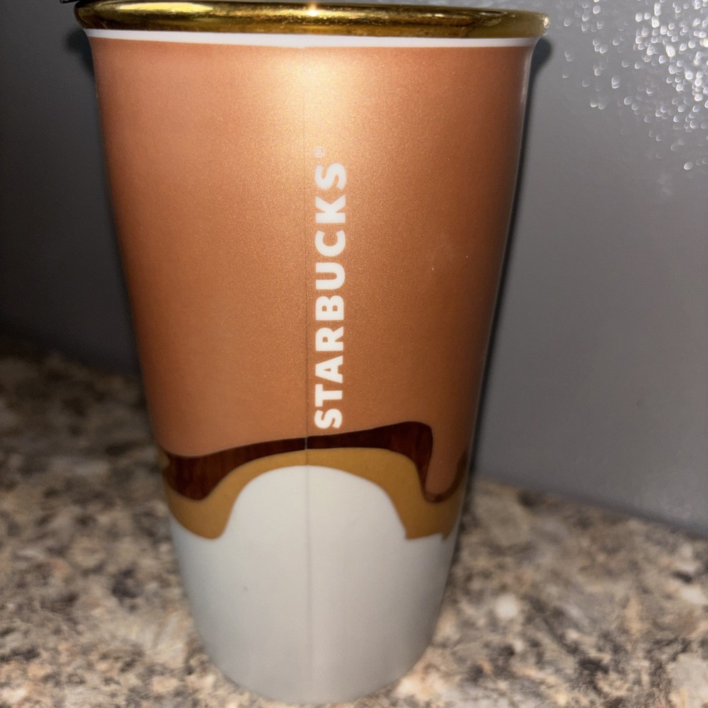 Starbucks Ceramic Rose Gold Copper With Gold Rim Tumbler 12 Ounce RARE ☕️