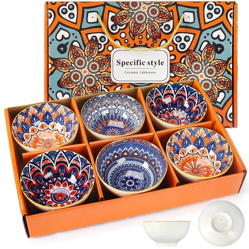 6pc Bohemian Ceramic Bowls Set  Microwave Dishwasher Safe Kitchen Gift
