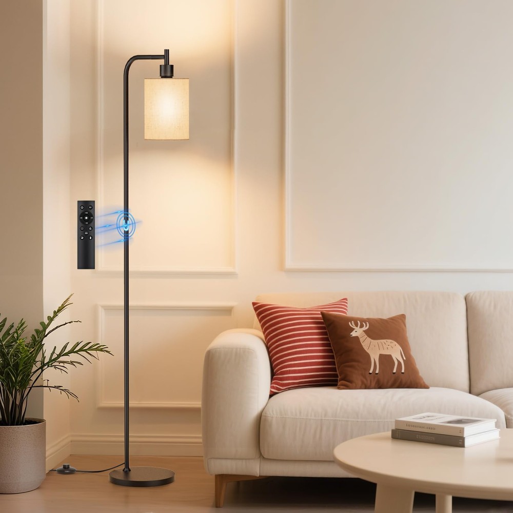 Dimmable Floor Lamp with Linen Shade & Remote Control Tall Standing Light
