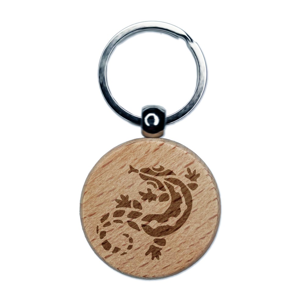 Southwestern Style Tribal Gecko Lizard Engraved Wood Round Keychain Tag Charm