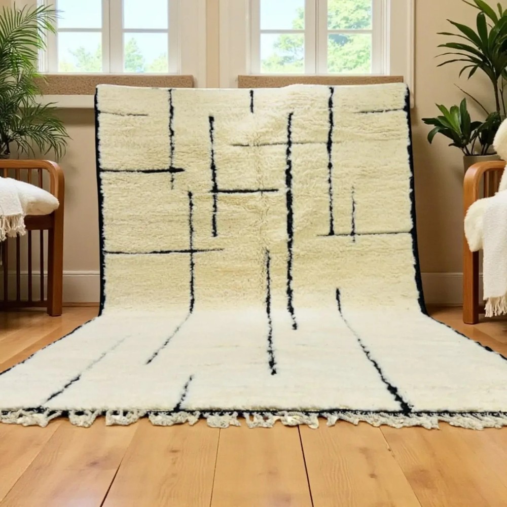 Moroccan Berber Beni Ourain Wool Rug Color White Black Handmade Design Carpet Ru
