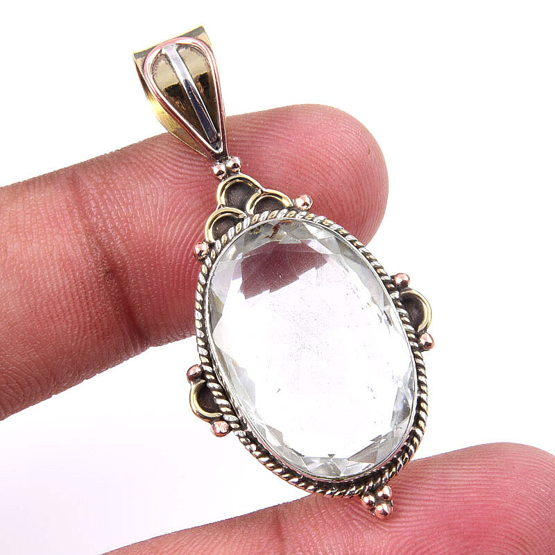 Natural Crystal Quartz 925 Sterling Silver Two-Tone Pendant Necklace 1.75 Inch Gift