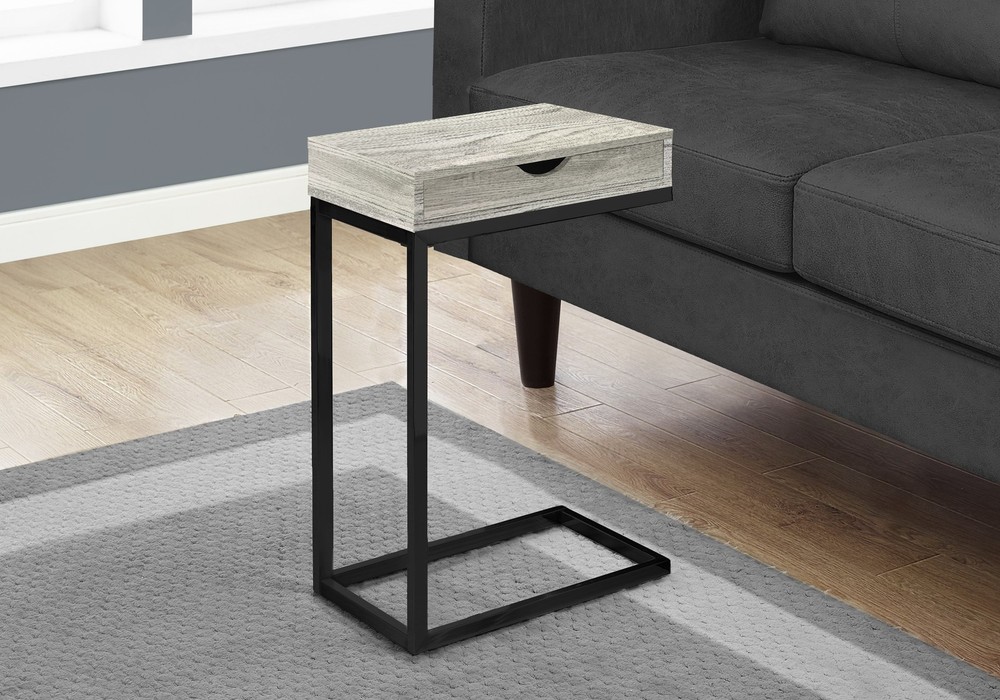C-Shaped Accent Table with Storage Drawer Grey Laminate Top Black Metal Frame