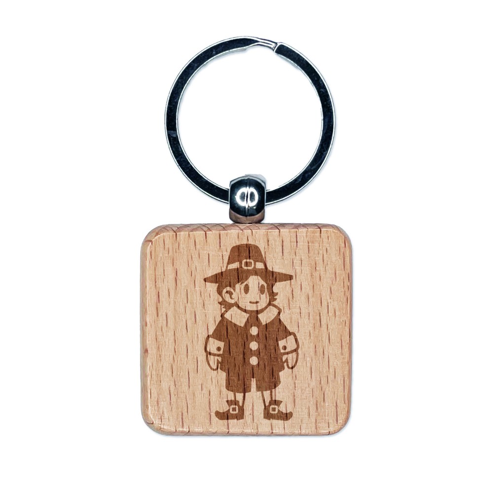 Cute Thanksgiving Pilgrim Boy Engraved Wood Square Keychain Tag Charm