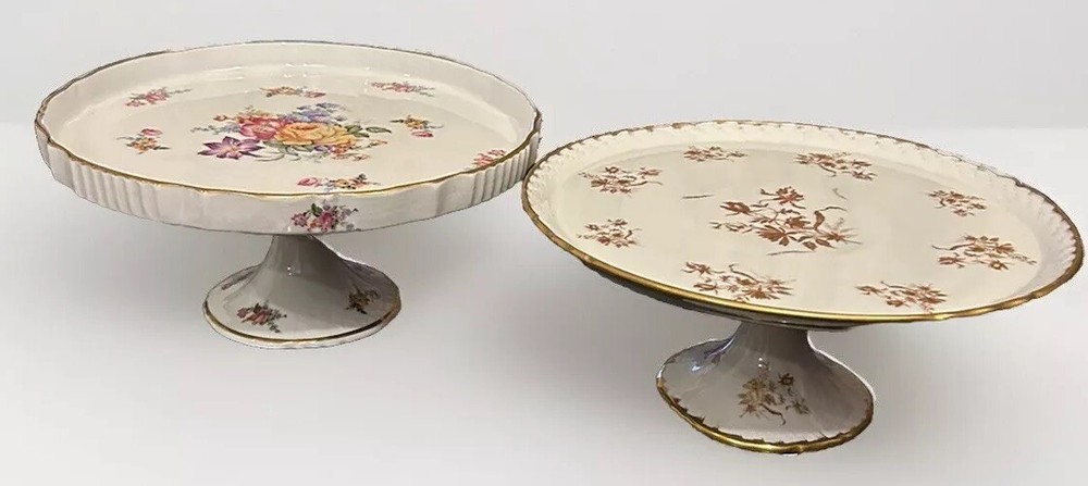 Vintage Floral Cake Stands Set of 2 with Gold Trim - Like New
