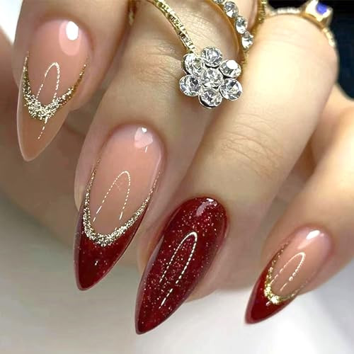 Medium Press on Nails Almond Burgundy Burgundy French Tip & Silver Glitter