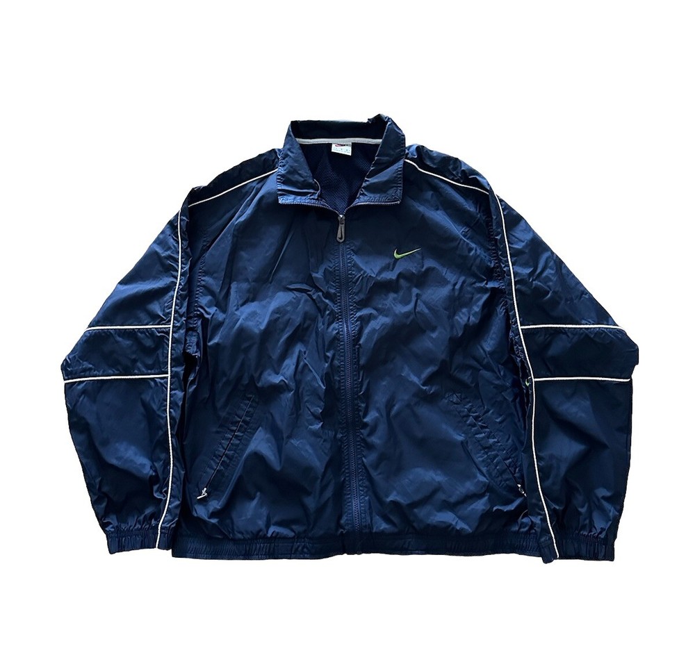 VINTAGE Nike Track Jacket Mens Large Blue White 90s Full Zip Windbreaker Lined