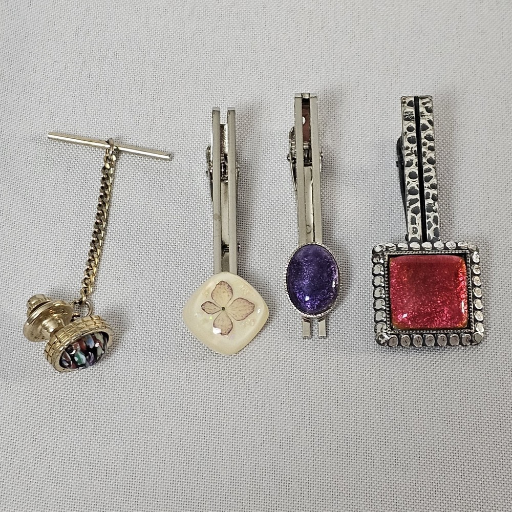 Vintage Neck Tie Bar Clips Tie Tack Accessories Lot Of 4 Real Flower Multicolor