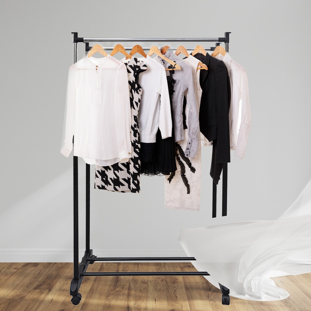 Double Bar Rolling Garment Rack with Lockable Wheels for Clothes Storage-image