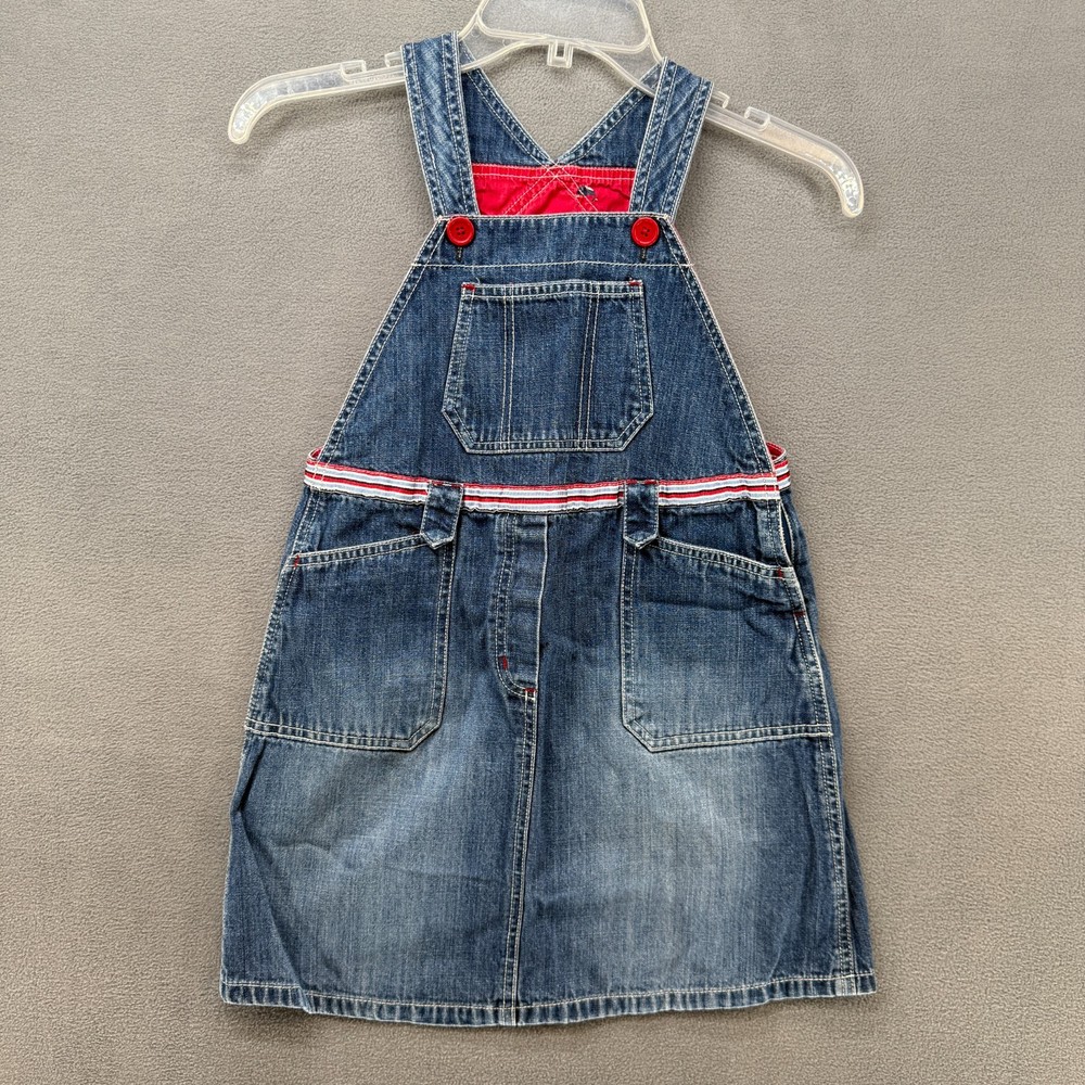 Gymboree Overall Dress Girls 7 Blue Denim Waist Striped Pockets Buttons