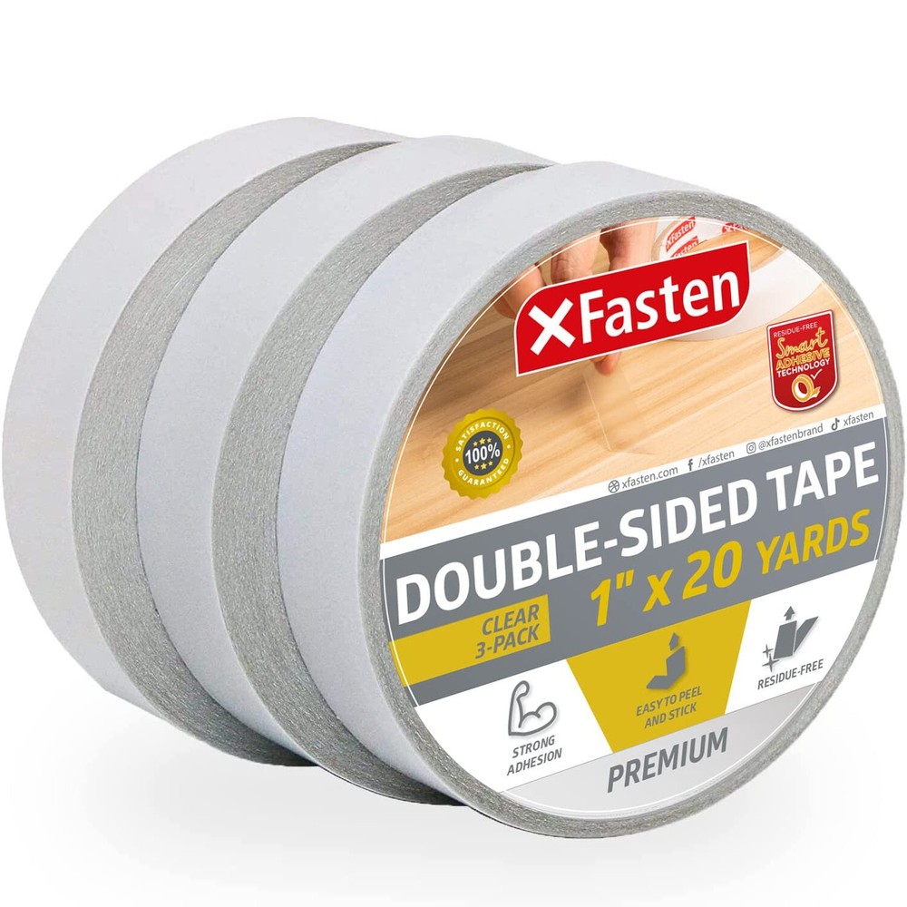 XFasten Double Sided Tape Clear, Removable, 1-Inch by 20-Yards, Pack of 3 Ide...
