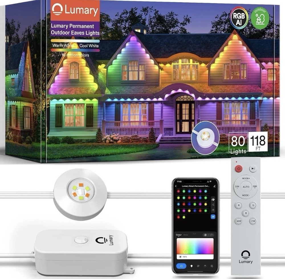 Lumary Permanent Outdoor Lights Pro 105ft with 80LED RGBAICW Smart Eave Light