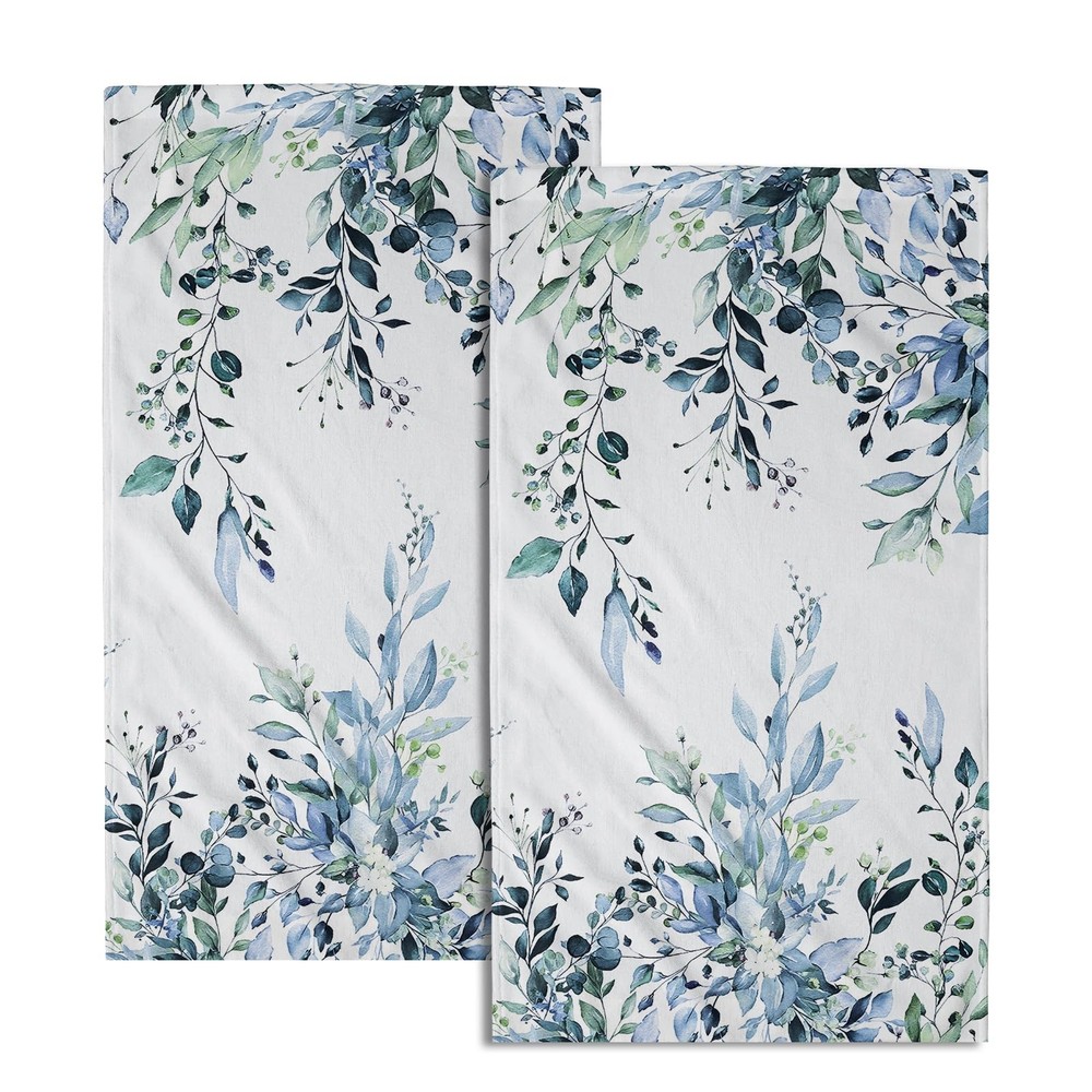 Soft Absorbent Blue Eucalyptus Hand Towels Set of 2 with Sage Leaves