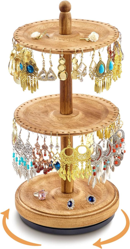 Earring Holder Organizer, Rotating Solid Wood Earring Organizer Stand for Women