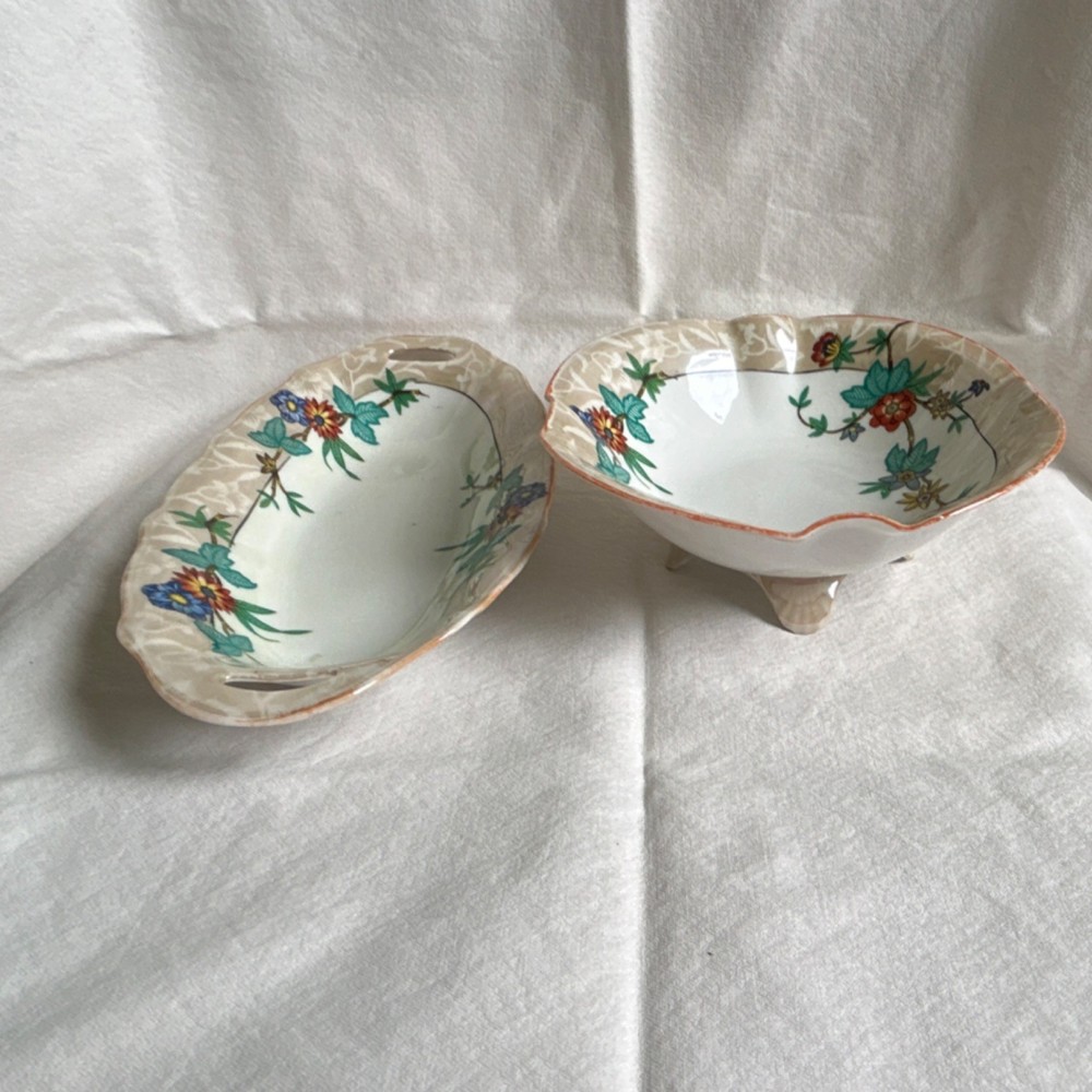 Vintage RS Germany Porcelain Floral Pattern Oval & Round Dish Set