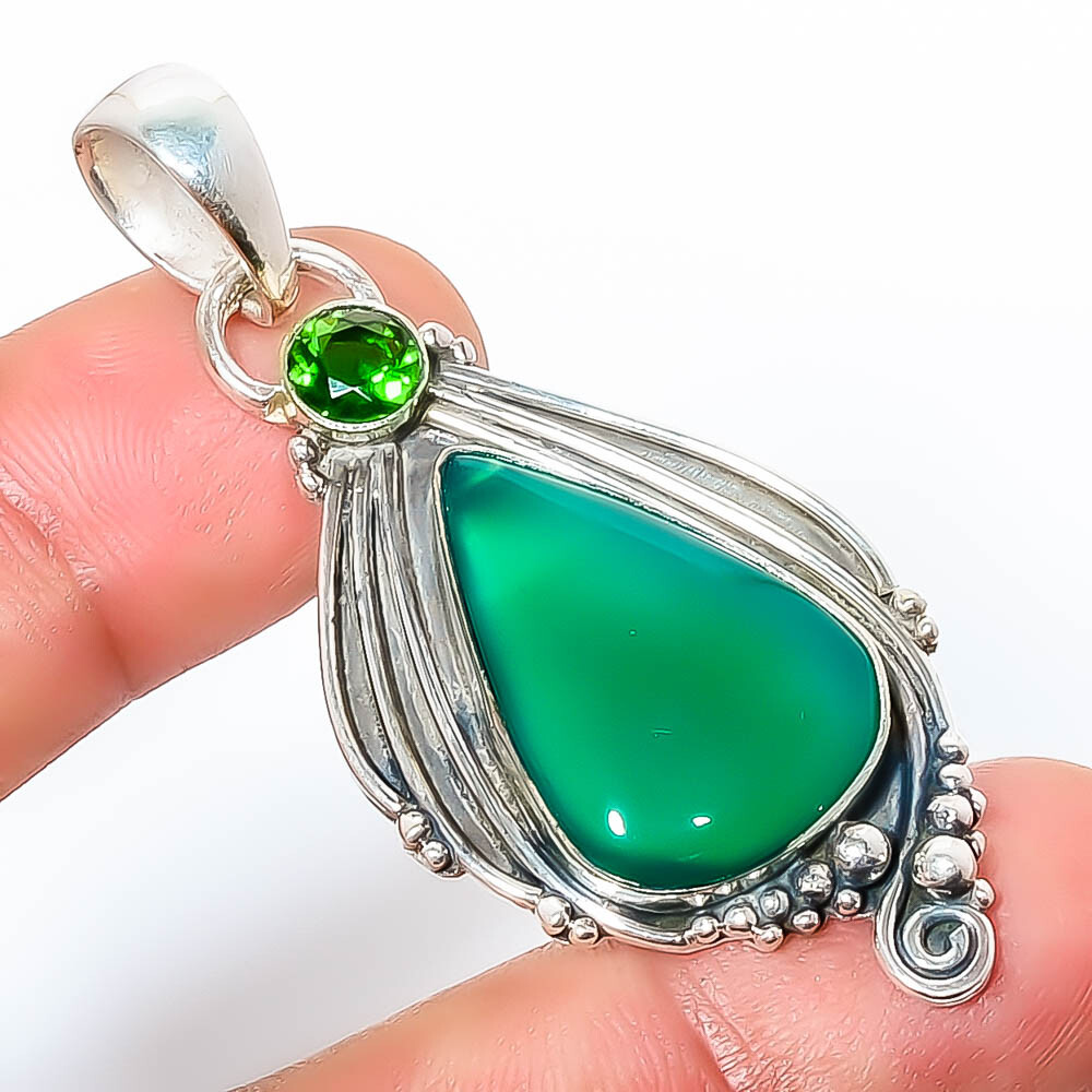 Simulated Green Onyx & Emerald Bali Pendant in 925 Sterling Silver 2.34 Inch