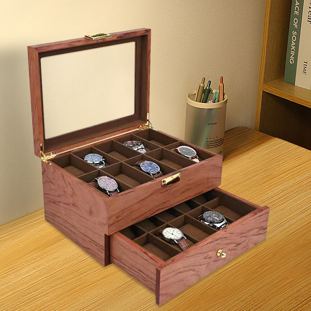 20-Slot Wooden Organizer Jewelry & Watches Display Case Storage Box with Drawer