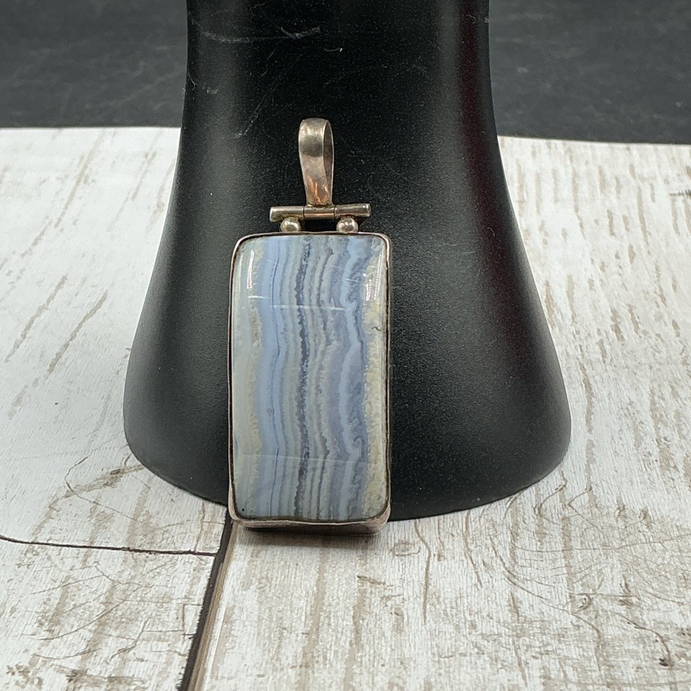 Vintage 925 Sterling Silver Rectangular Blue Lace Agate Statement Pendant