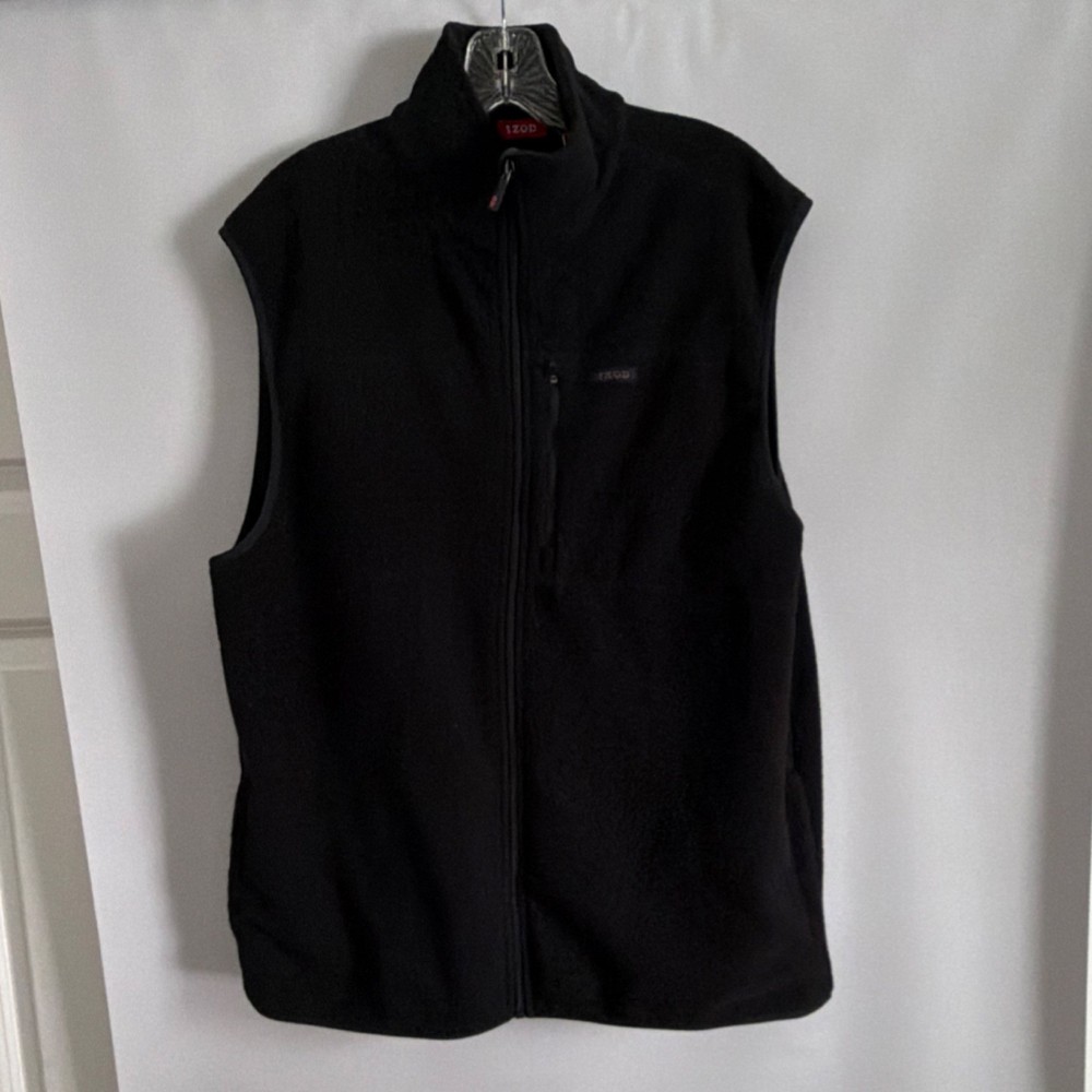 IZOD Men's Black Vest L Full Zip Stand-Up Collar Mid-Length Casual