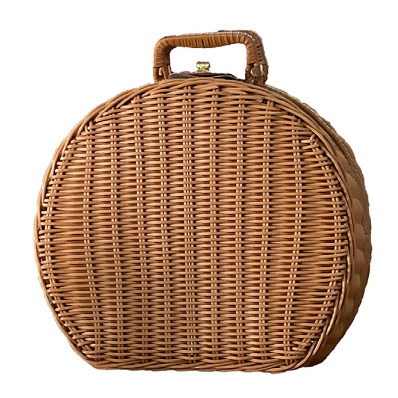 Handwoven Basket Storage Box with Handles Wicker Handbag Suitcase Vintage