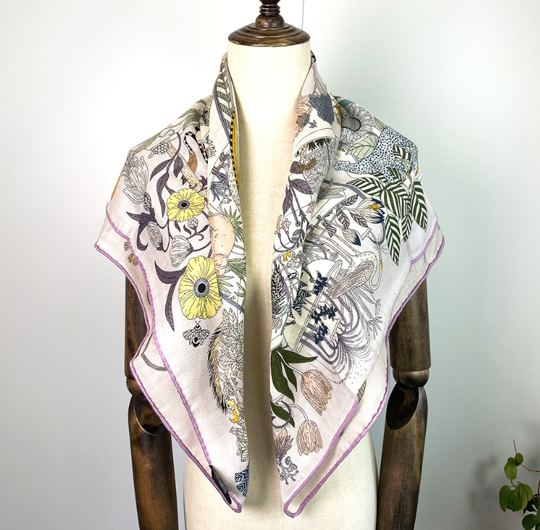70% Cashmere 30% Silk Wrap 35'' Scarf  Double Face Print Shawl botanical Print