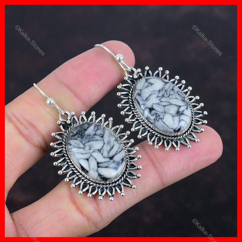 Christmas Sale 925 Silver Pinolith Jasper Stone Elegant Drop Dangle New Earrings-image