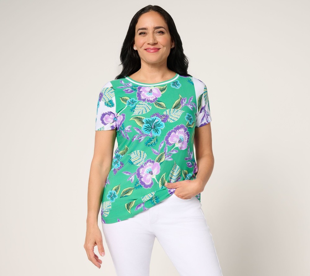 Susan Graver Women's Top Sz XS Printed Liquid Knit Short Multi-colored A690936