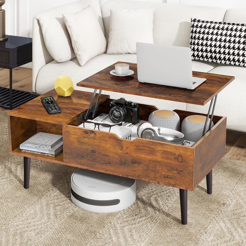 Lift Top Coffee Table w/ Storage Shelf & Hidden Compartment Brown