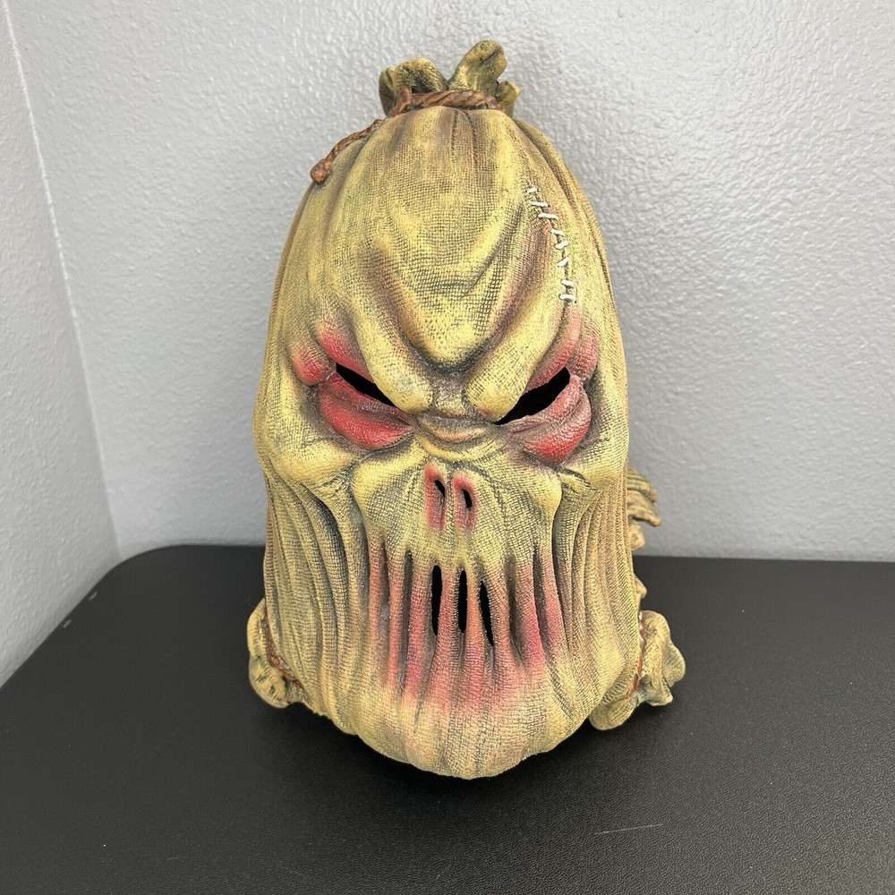 Vintage Scarecrow Costume with Latex Mask and Burlap Sack for Halloween Horror