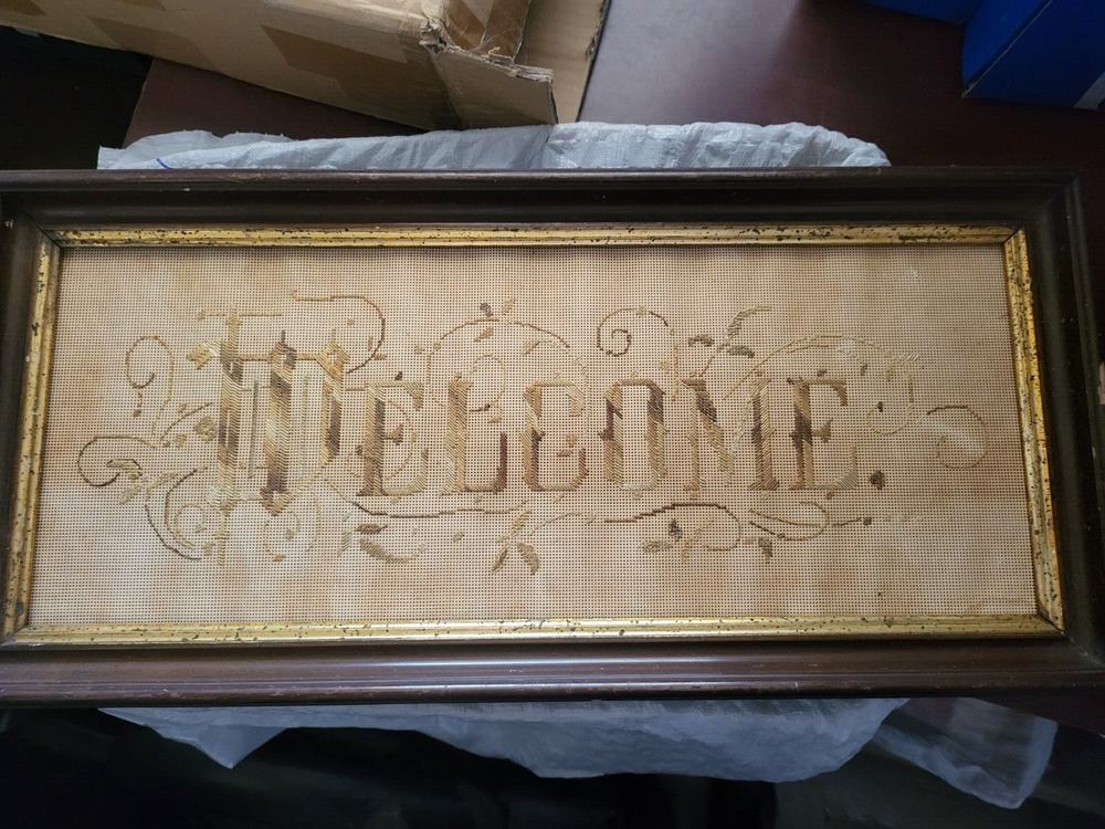 Antique Victorian Wood Framed Punched Paper Needlework 