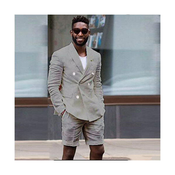 Men Linen Suit Gray Summer Beach Casual Party Prom Groom Tuxedo Wedding 2 Piece