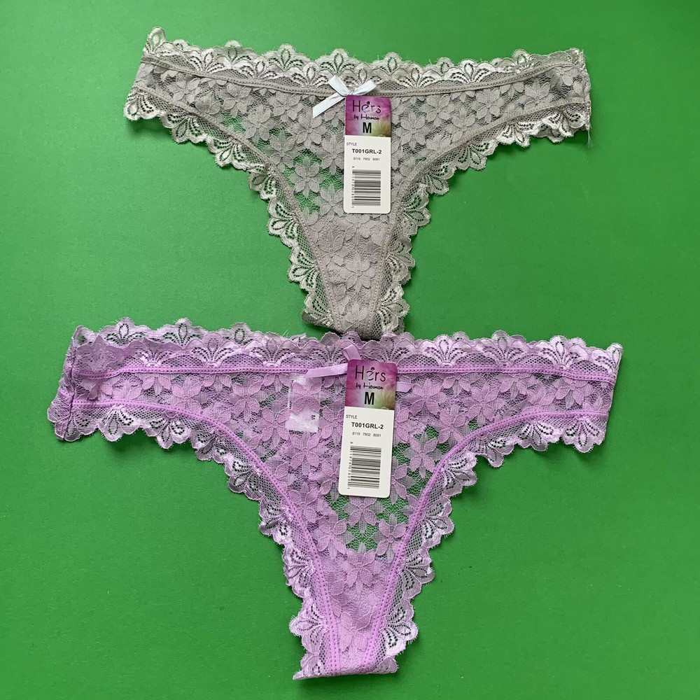 2 Hers  By Herman Lace Thongs  Grey/purple Floral Sz Medium Scalloped Edges New