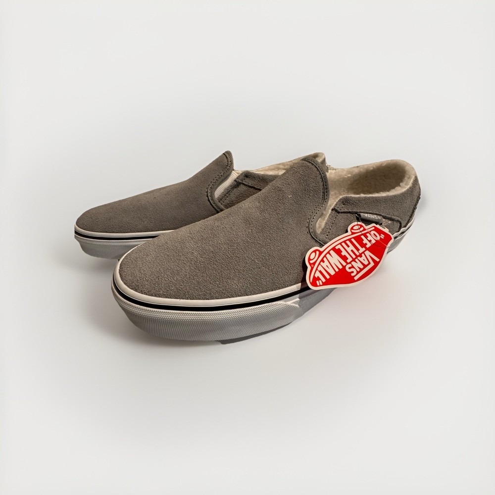 Vans Classic Slip On Womens Size 11.5 Grey on White Faux Fur Brand New No Box