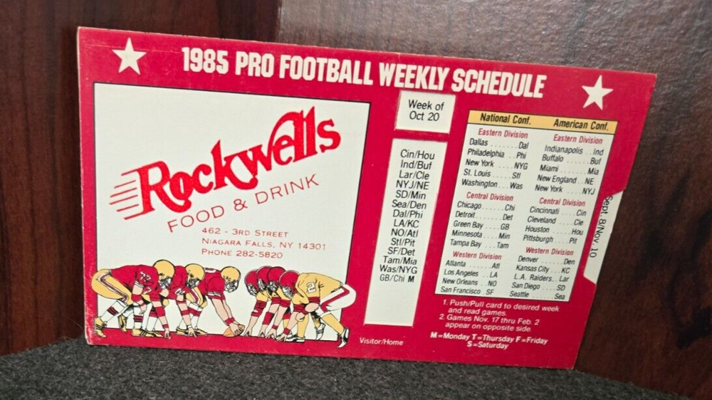 1985 NFL Pro Football Weekly Sliding Schedule by Rockwells Food & Drink