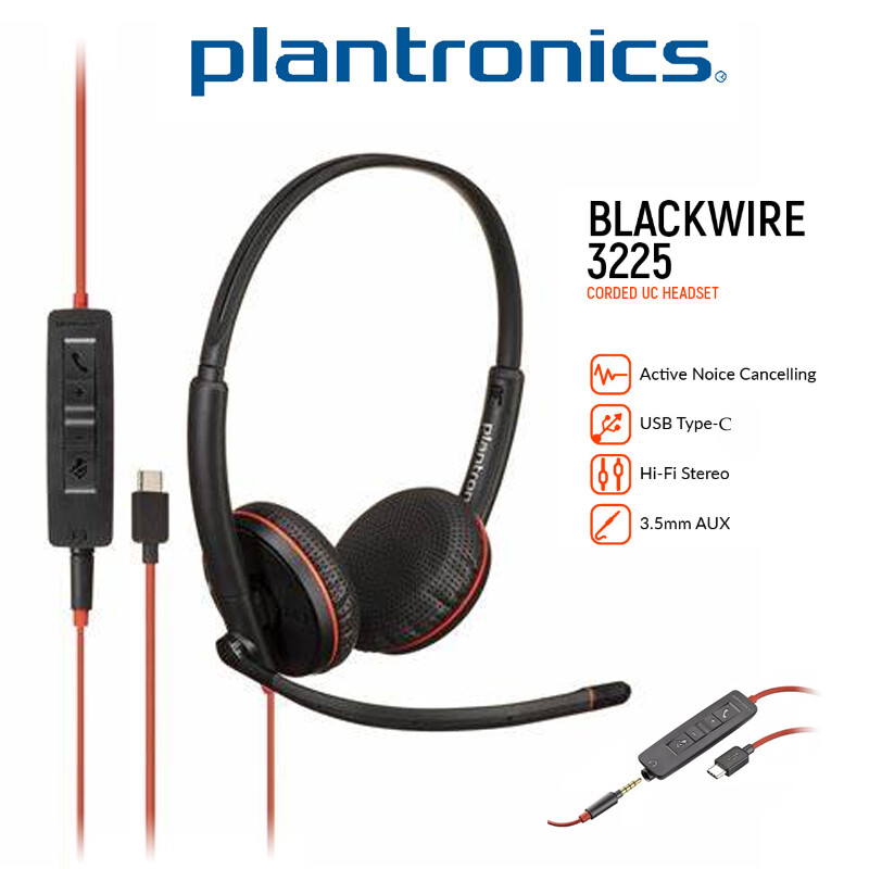 Plantronics Blackwire 3225 USB-C Headset w/ controller for laptops and desktops