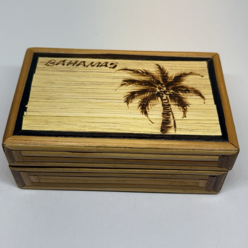 Vintage Bamboo Nesting Trinket Box with Lid Wood Burning Art 4x1.5 Inches